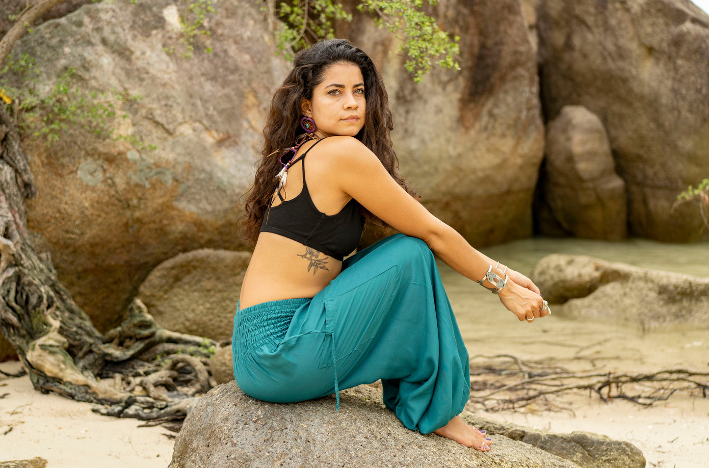 luftige einfarbige Pluderhose in türkis