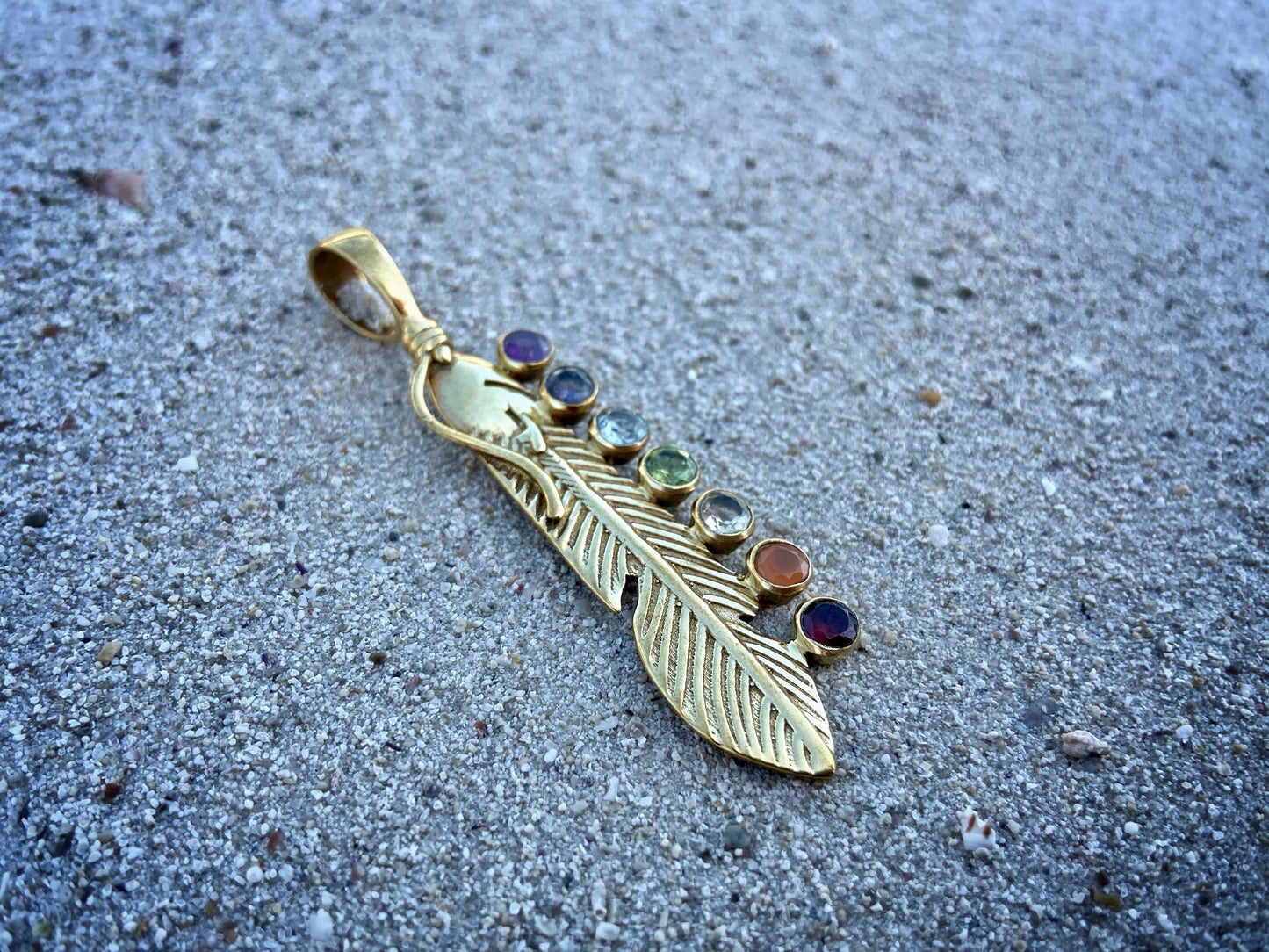 Chakra pendant feather made of brass with stones