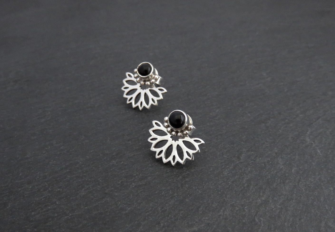 Front back stud earrings with black onyx stone made of silver