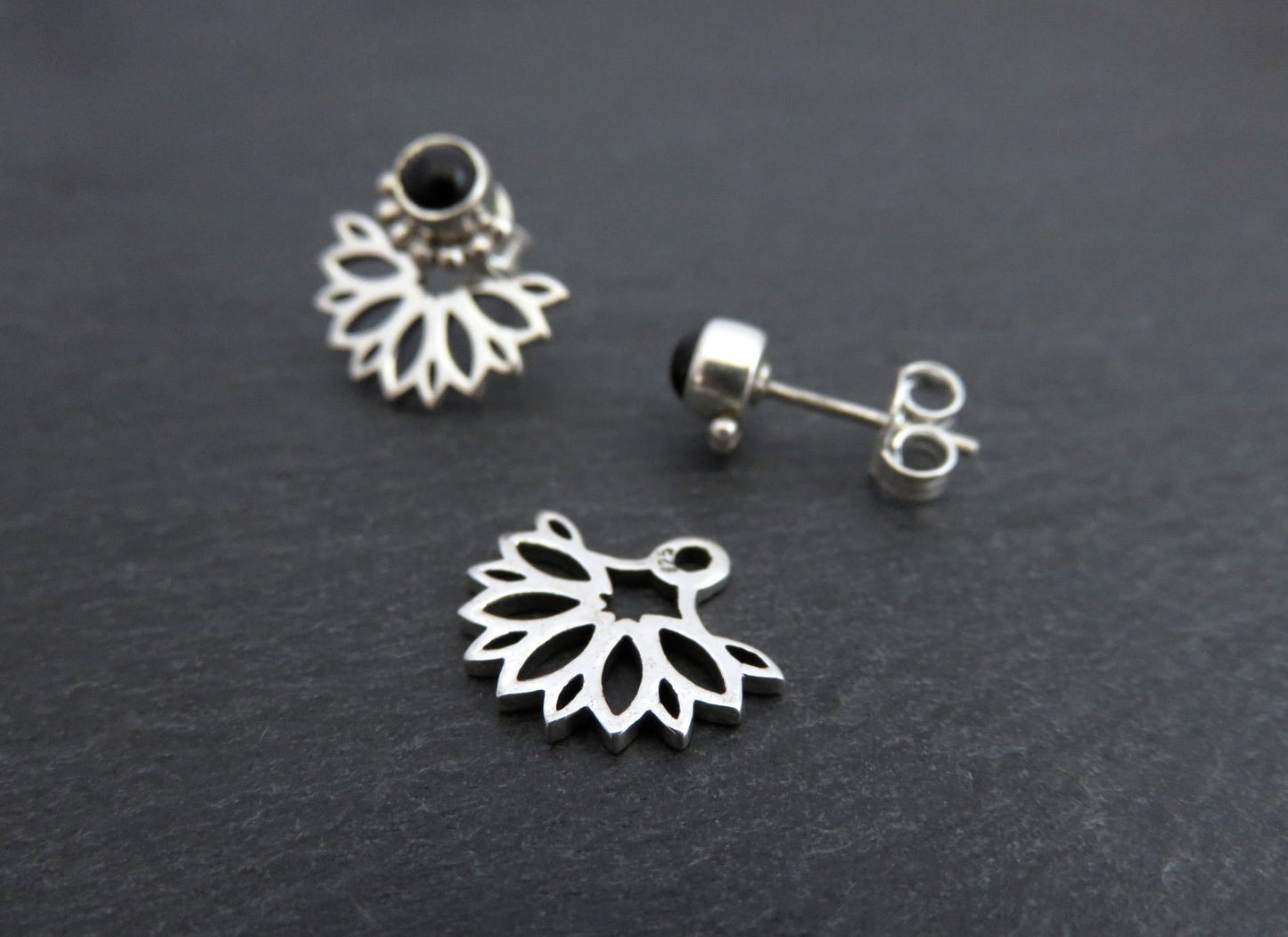 Front back stud earrings with black onyx stone made of silver