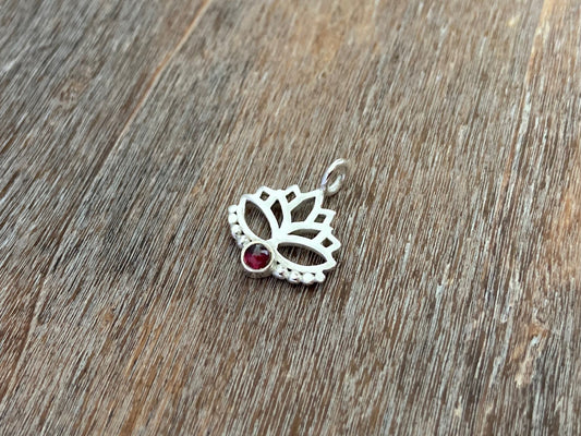Lotus flower pendant with garnet stone and silver dots