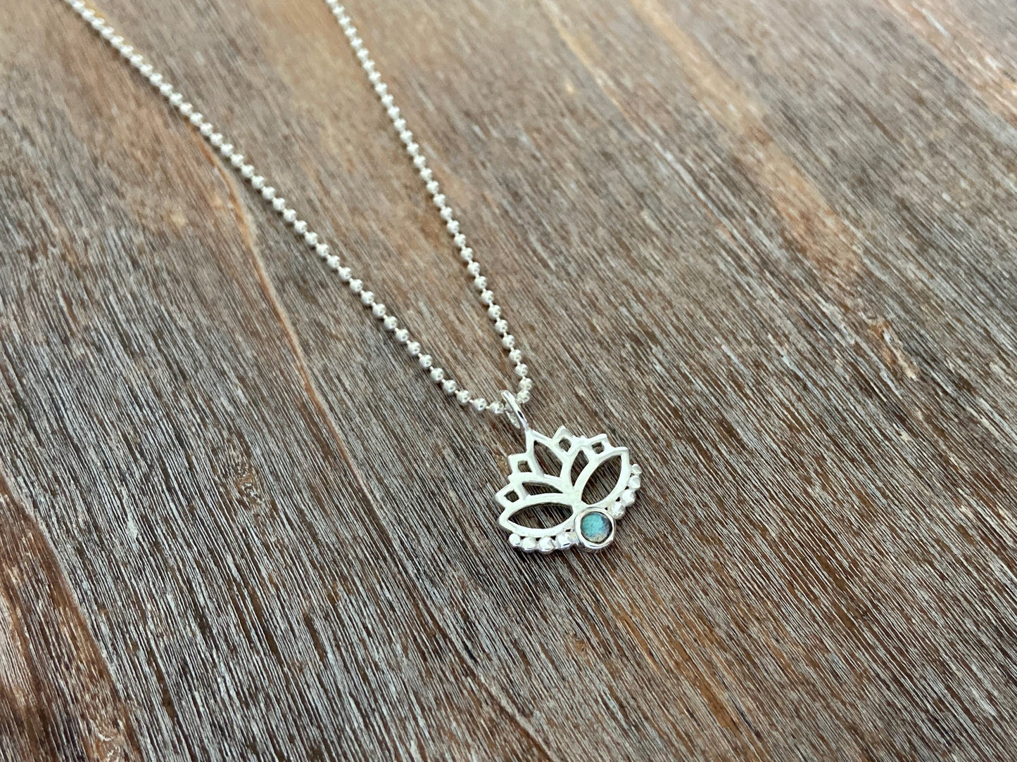 Lotus flower pendant with labradorite stone and silver dots