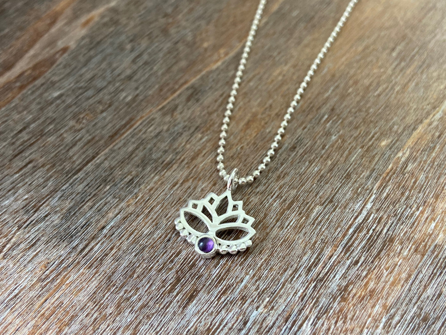Lotus flower pendant with amethyst and silver dots