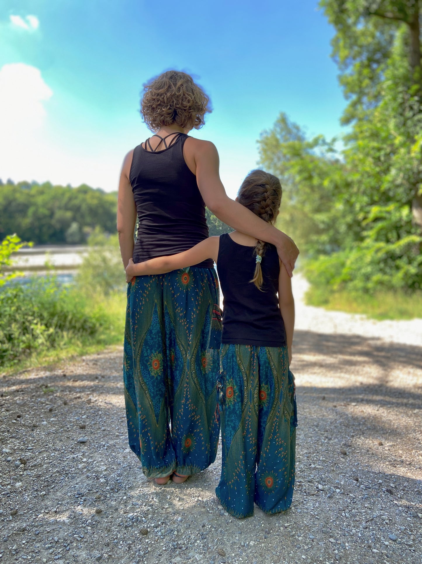 turquoise orange patterned harem pants with peacock pattern for children