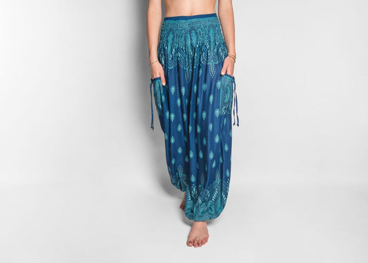 airy patterned harem pants in turquoise with pockets