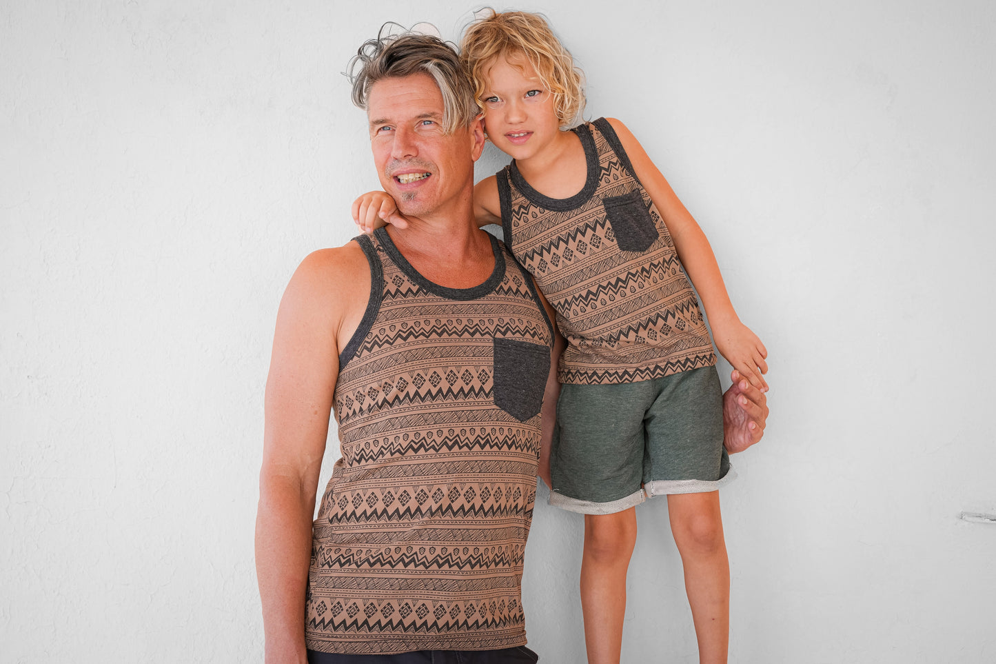 brown patterned tank top for men with chest pocket