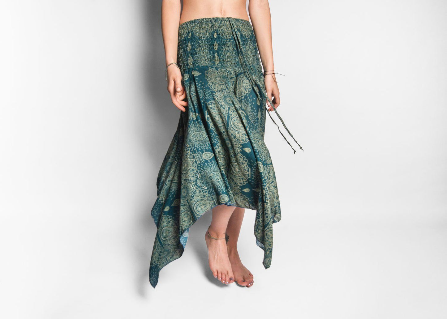 filigree patterned skirt with fringes in turquoise, summer dress, elf dress, pointed skirt, fringed skirt