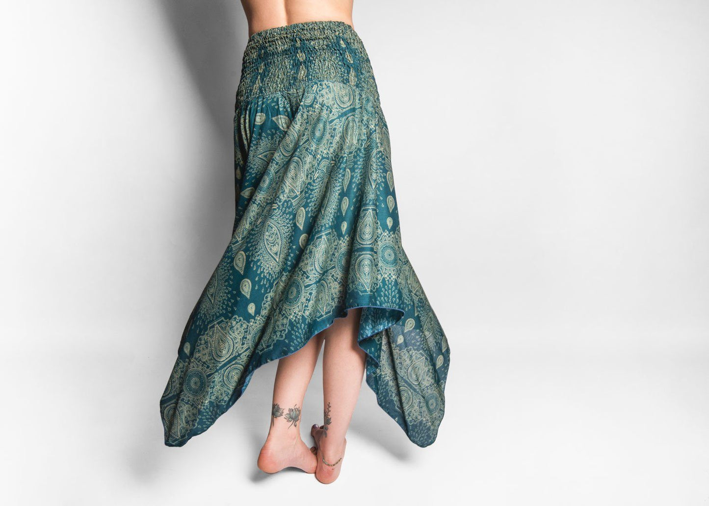 filigree patterned skirt with fringes in turquoise, summer dress, elf dress, pointed skirt, fringed skirt