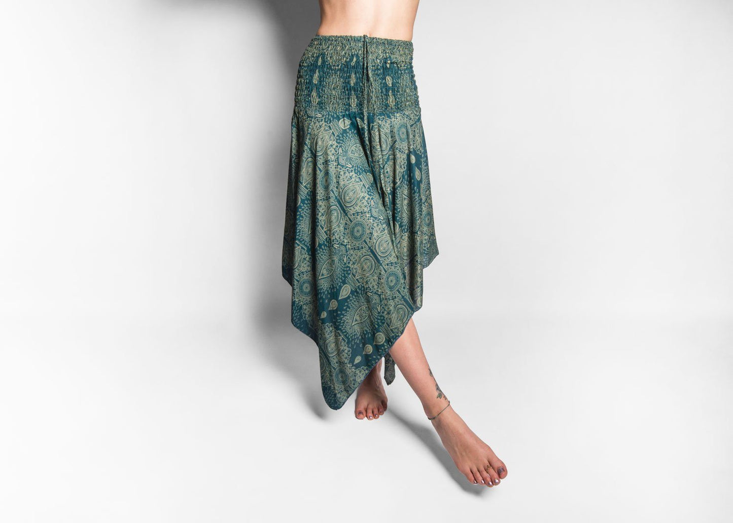 filigree patterned skirt with fringes in turquoise, summer dress, elf dress, pointed skirt, fringed skirt