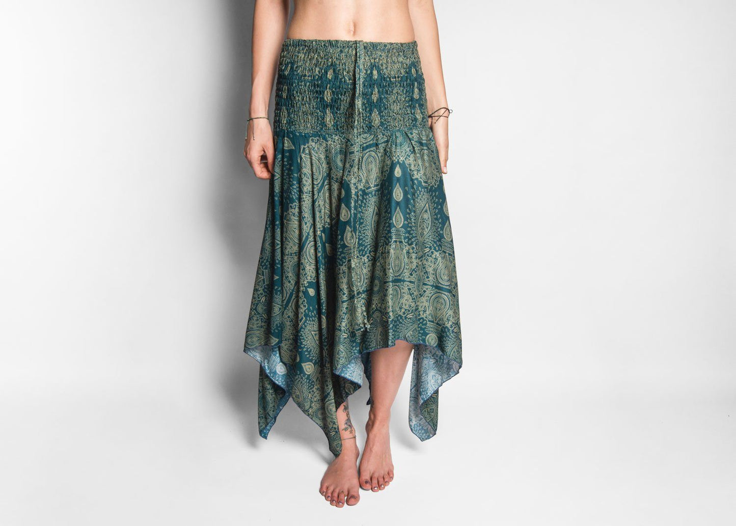 filigree patterned skirt with fringes in turquoise, summer dress, elf dress, pointed skirt, fringed skirt
