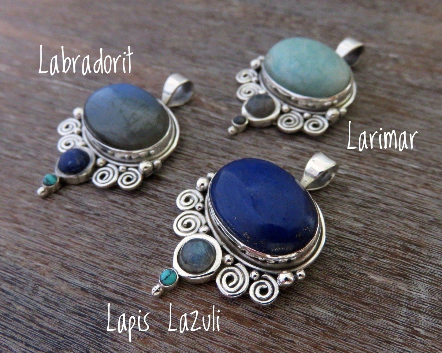 Pendant with spirals and stones made of silver