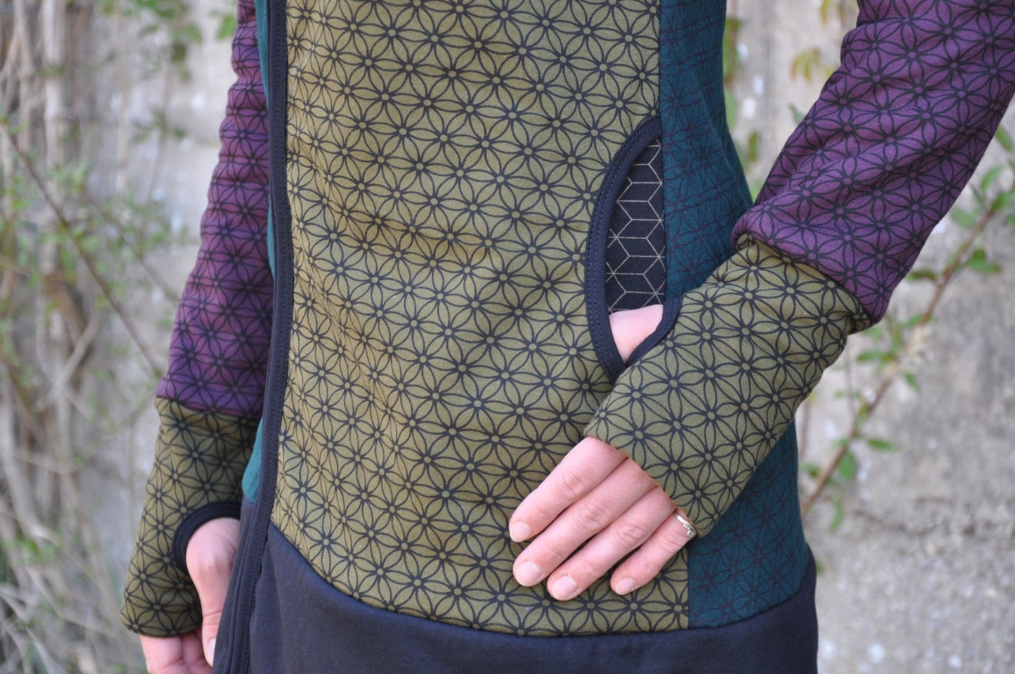Patchwork hoodie with colorful floral pattern