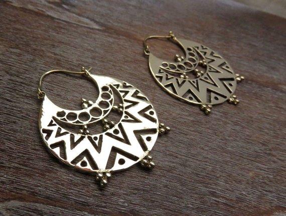 large hoop earrings with geometric patterns made of brass