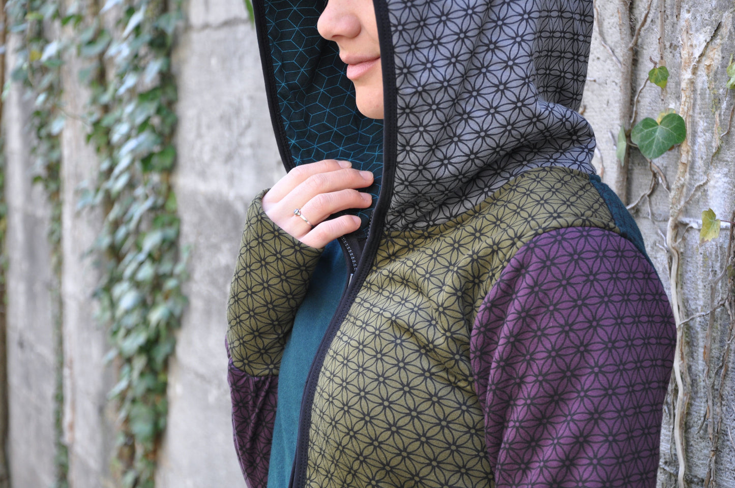 Patchwork hoodie with colorful floral pattern
