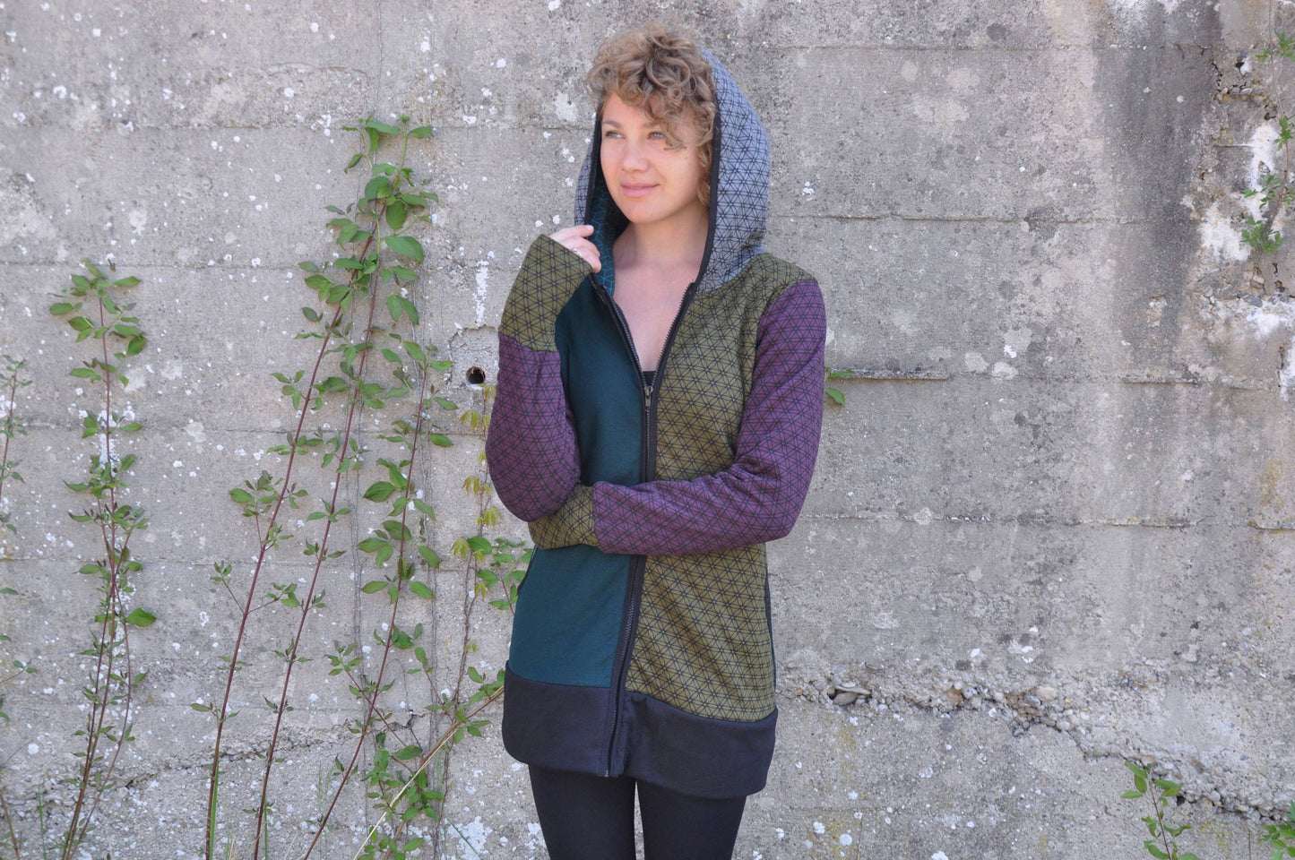 Patchwork hoodie with colorful floral pattern
