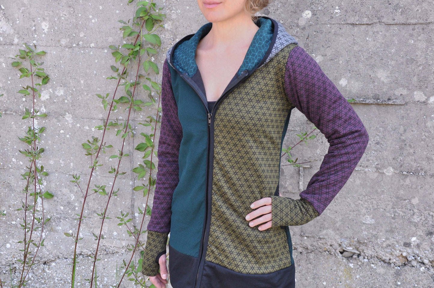 Patchwork hoodie with colorful floral pattern