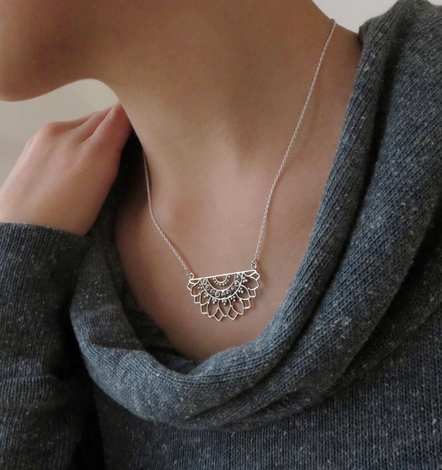 Mandala necklace with floral pattern made of silver