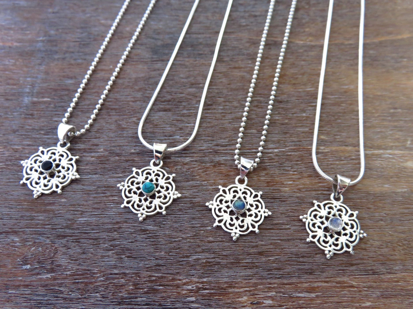 small filigree pendant with turquoise stone made of silver