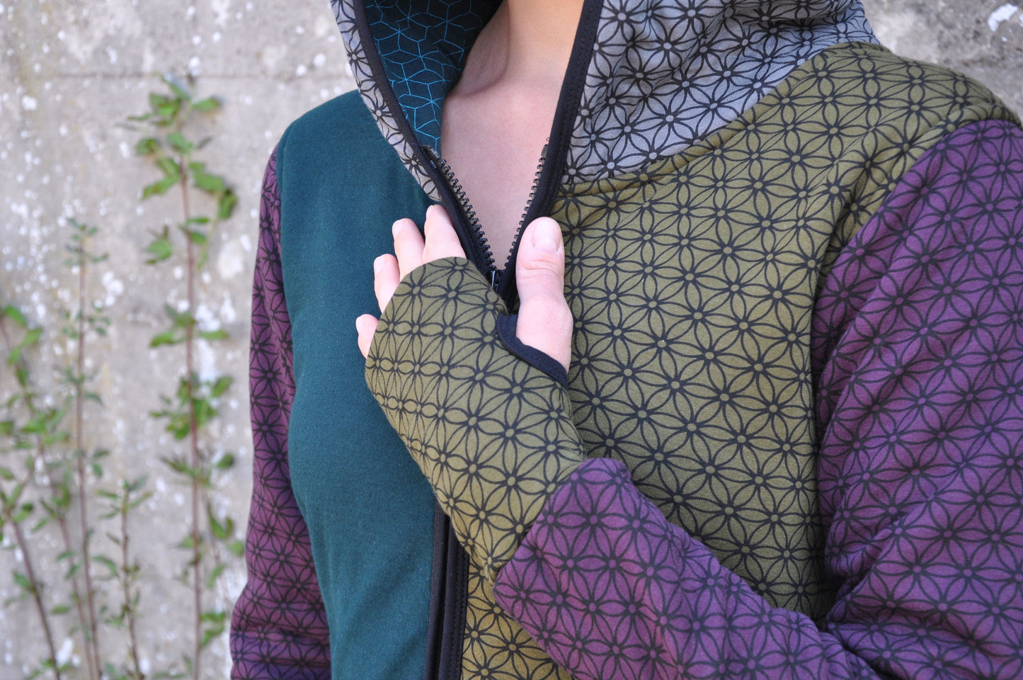 Patchwork hoodie with colorful floral pattern