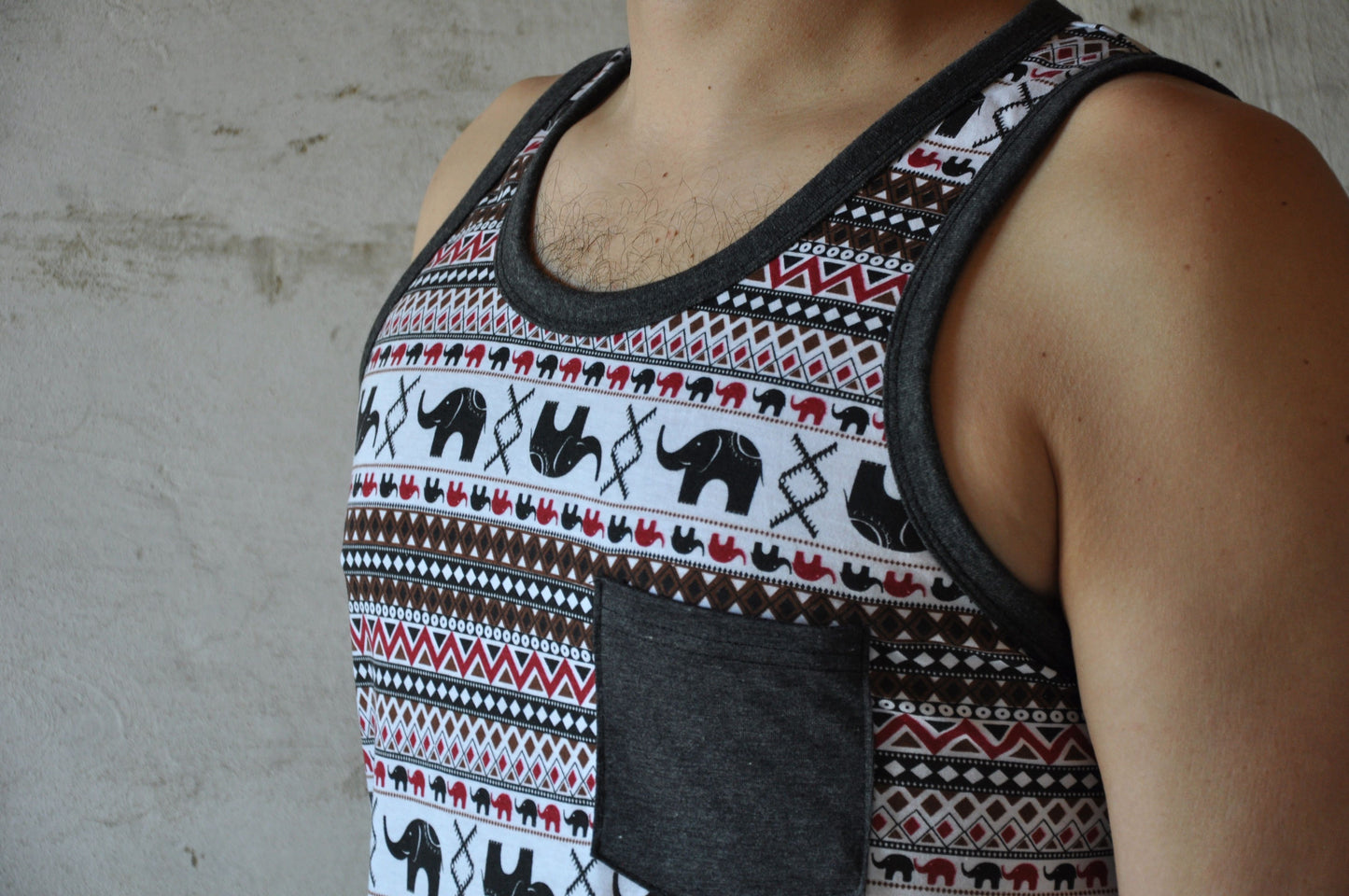 Men's elephant print tank top with chest pocket