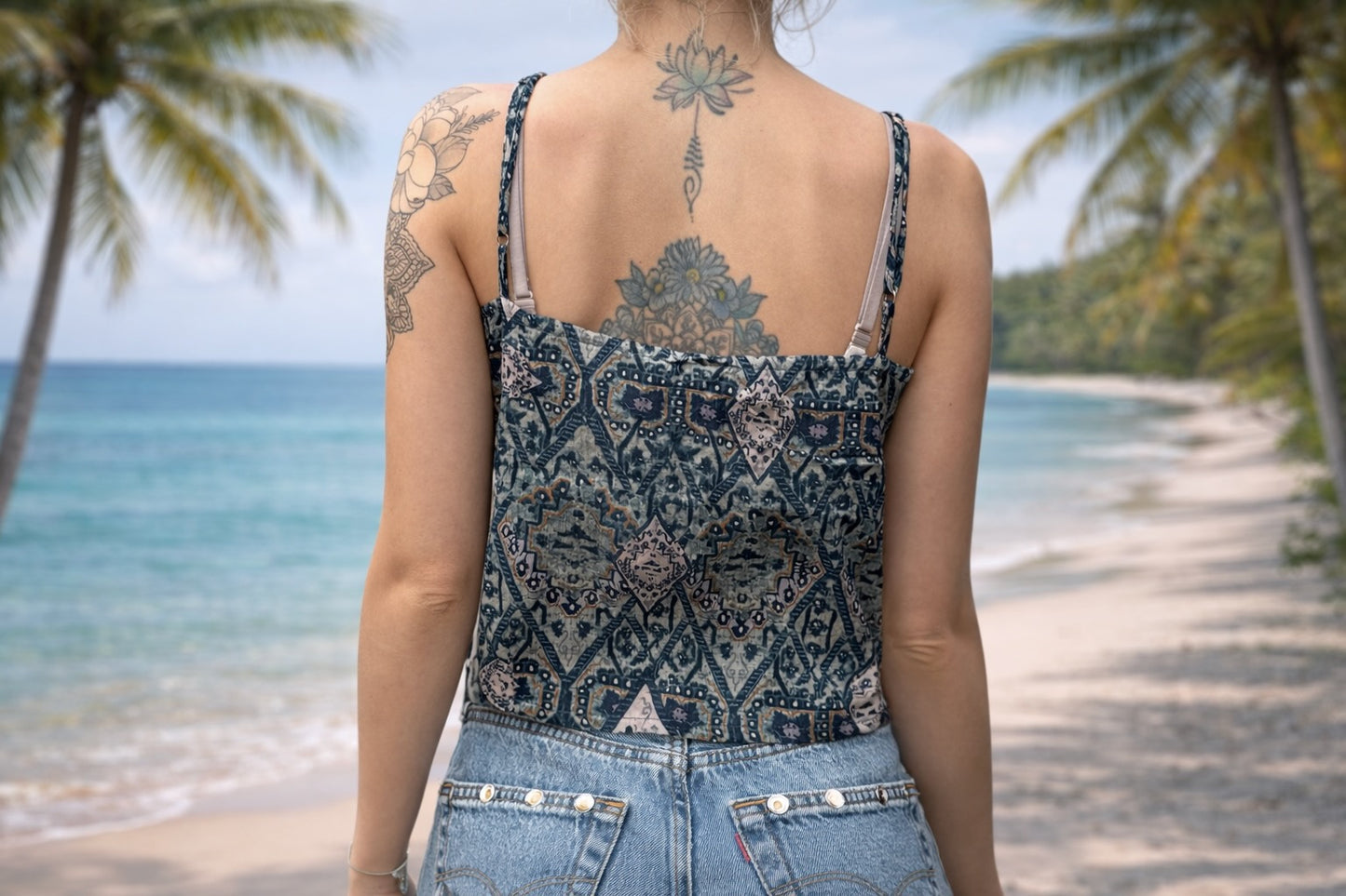 leichtes Boho Sommer Top- 2 Looks- blau gemustert