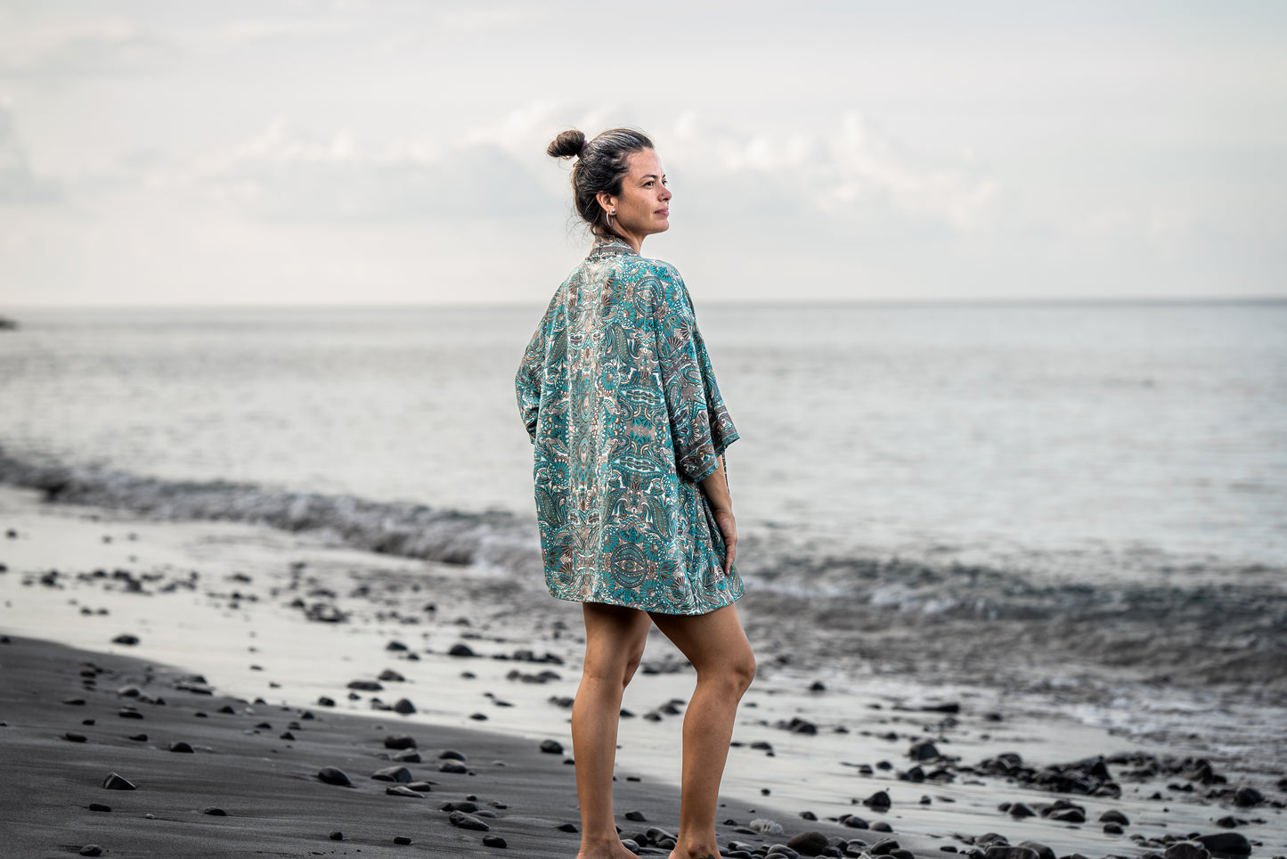 blue orange patterned kimono, blouse, cover-up, light jacket