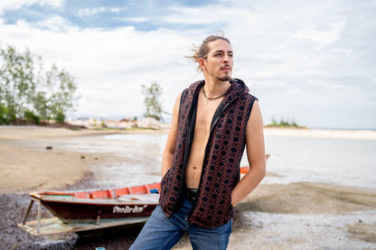 Lined men's hooded vest in black/rust red, pattern of the flower of life 