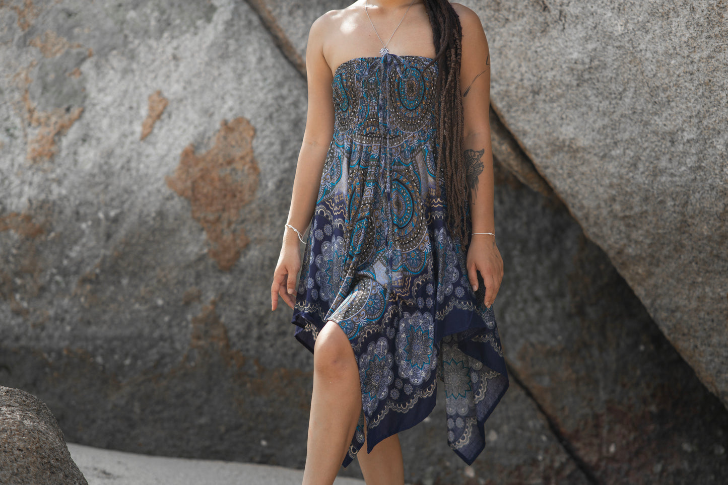 blue patterned skirt with fringes, summer dress, elf dress, pointed skirt, fringed skirt 