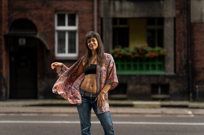 blue patterned kimono, blouse, cover-up, light jacket