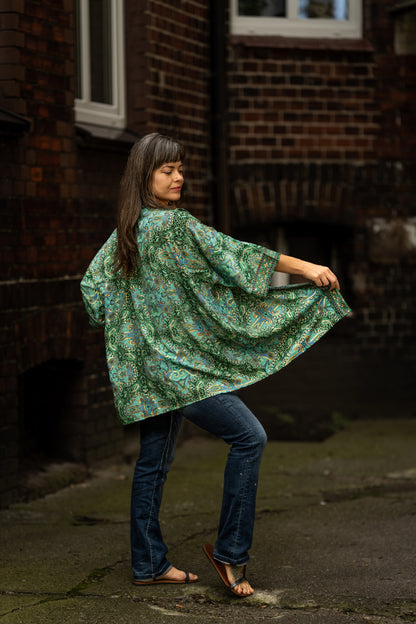 blue orange patterned kimono, blouse, cover-up, light jacket