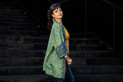 blue orange patterned kimono, blouse, cover-up, light jacket