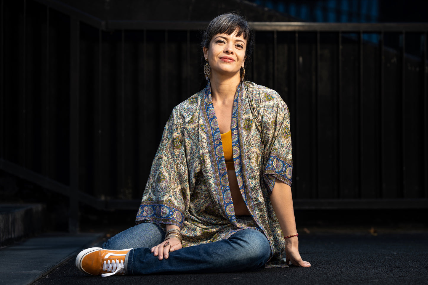 blue orange patterned kimono, blouse, cover-up, light jacket