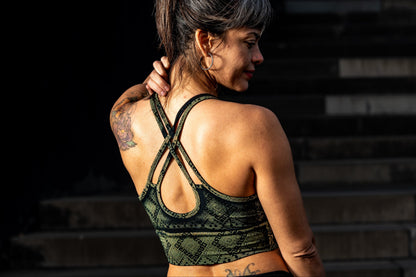 Yoga top with the pattern of the flower of life olive green 