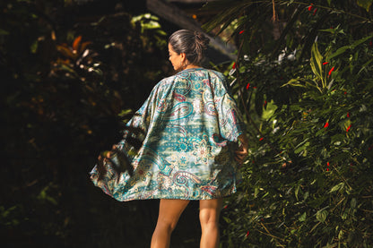 blue orange patterned kimono, blouse, cover-up, light jacket