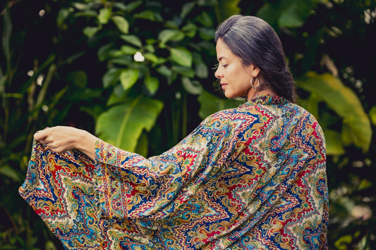 blue orange patterned kimono, blouse, cover-up, light jacket