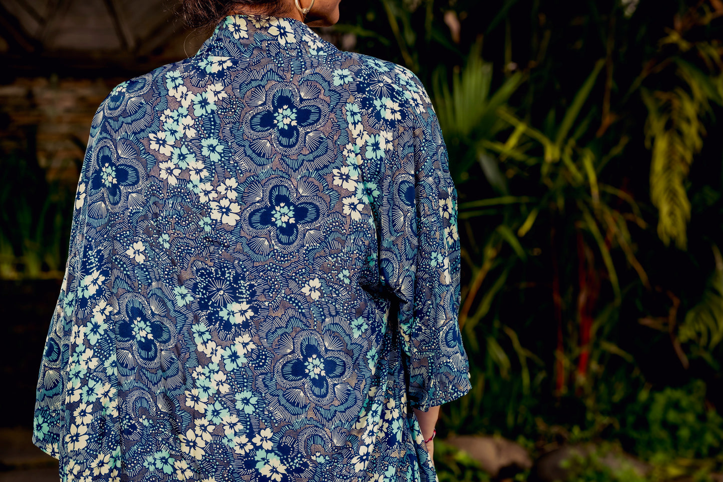 blue orange patterned kimono, blouse, cover-up, light jacket