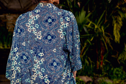 blue orange patterned kimono, blouse, cover-up, light jacket