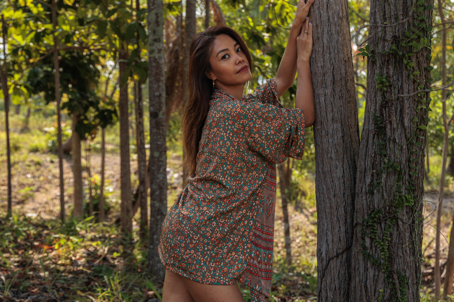 Colorful patterned kimono, blouse, throw, light jacket in brown, red, orange, turquoise