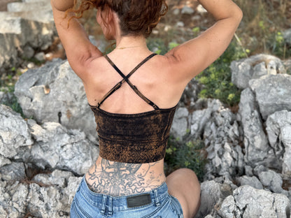 Yoga Top Damen, Sport-Bustier mit Raff-Detail & überkreuztem Rücken in braun