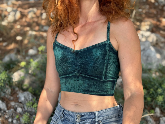 Yoga Top Damen, Sport-Bustier mit Raff-Detail & überkreuztem Rücken in türkis