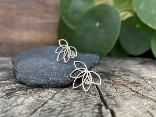 Silver half lotus flower stud earrings 
