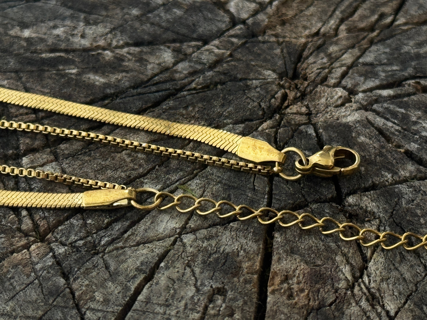 Verstellbares zweireihiges goldfarbenes Fußkettchen Fischgrätenkettchen aus Edelstahl – PVD Gold Plated
