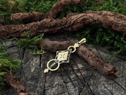 kleiner goldfarbener Messing Anhänger – Ethno Talisman – Tribal Symbol Schmuck – Boho Amulett