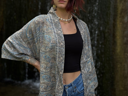 blue orange patterned kimono, blouse, cover-up, light jacket