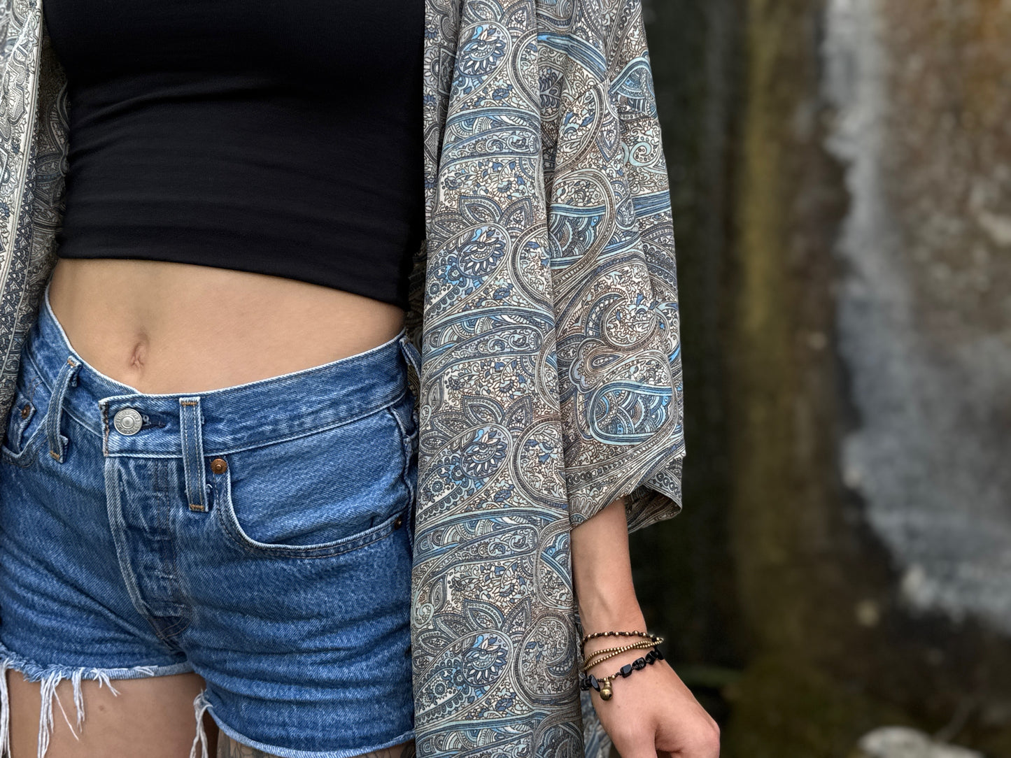blue orange patterned kimono, blouse, cover-up, light jacket
