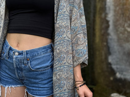 blue orange patterned kimono, blouse, cover-up, light jacket