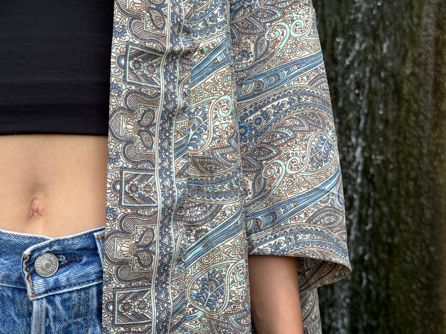 blue orange patterned kimono, blouse, cover-up, light jacket