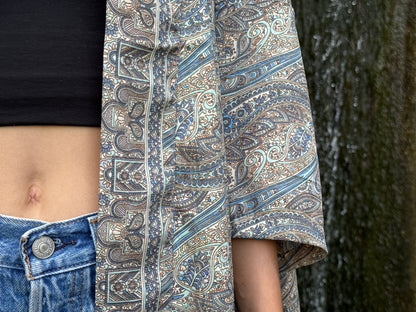 blue orange patterned kimono, blouse, cover-up, light jacket