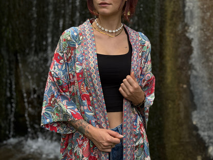 blue orange patterned kimono, blouse, cover-up, light jacket