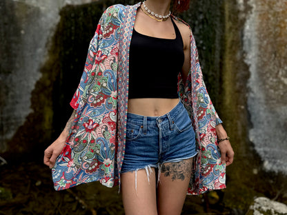blue orange patterned kimono, blouse, cover-up, light jacket